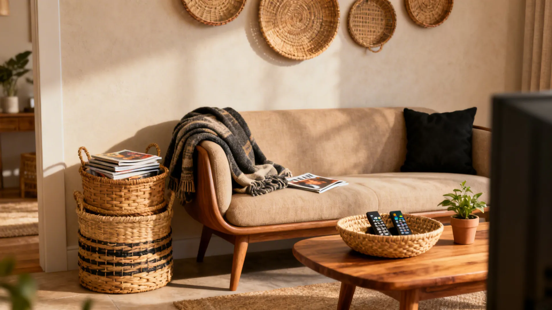 Cozy living room with tan sofa wall baskets wooden coffee table and natural sunlight shadows