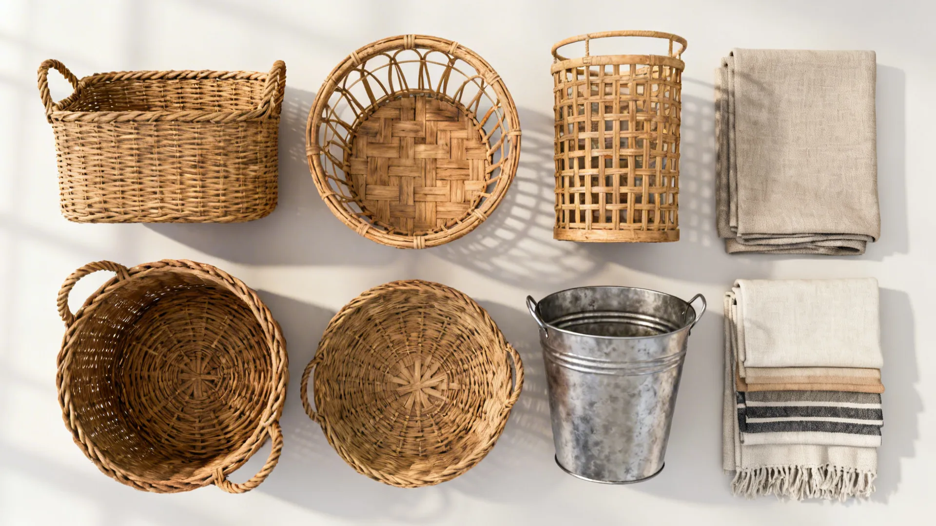 Flatlay of wicker, rattan, metal and fabric basket samples with throw textile swatches.