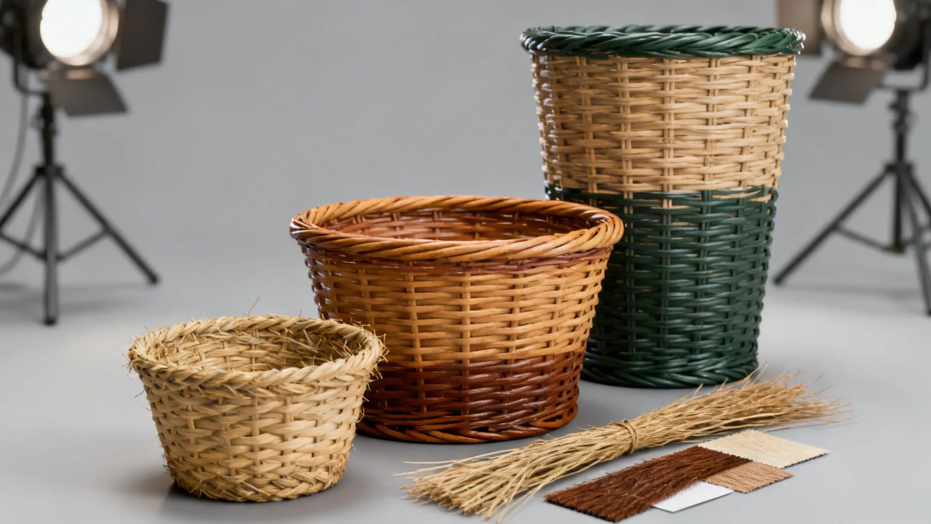 Samples of seagrass, rattan and synthetic baskets in various sizes and finishes displayed on a neutral surface.