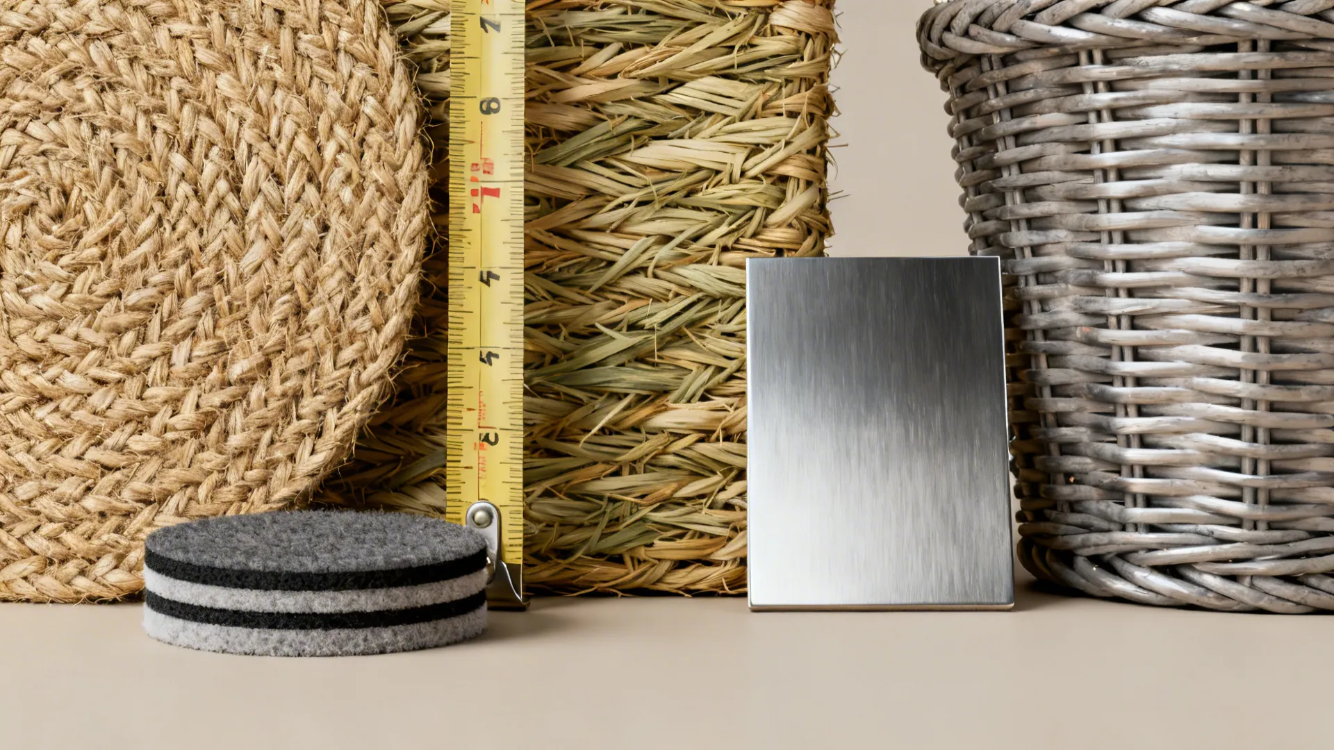 Close up of woven materials a yellow tape measure silver metal plate and grey pads