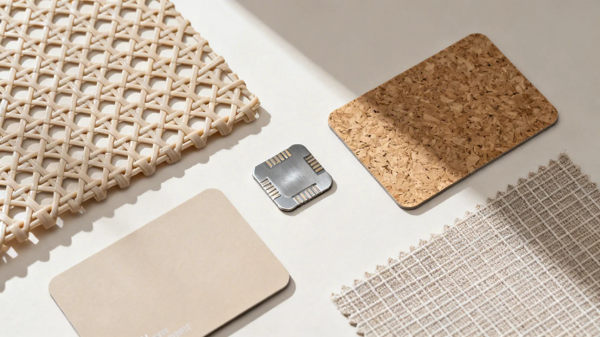 Flat lay of polymer weave, coated steel, recycled fiber, and liner fabric samples.