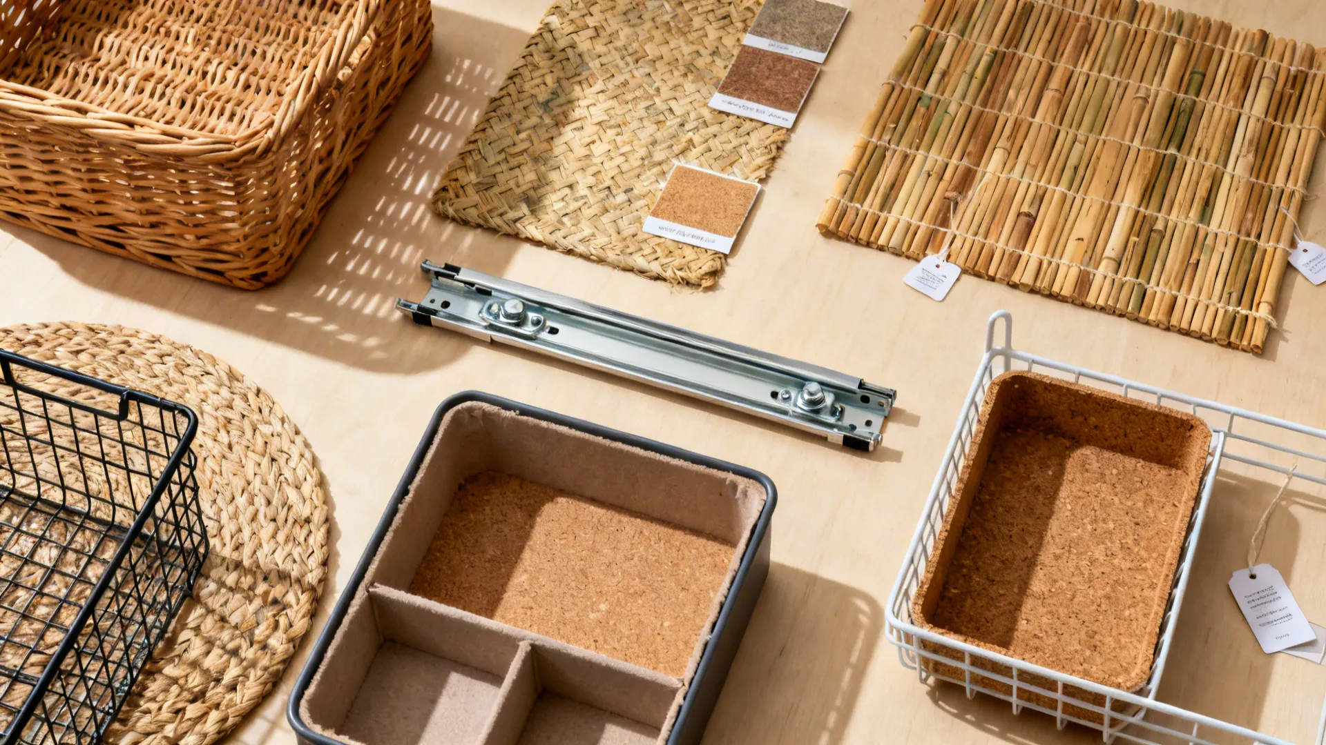 Various home organization materials including woven baskets metal drawer slides and bamboo mats on wood