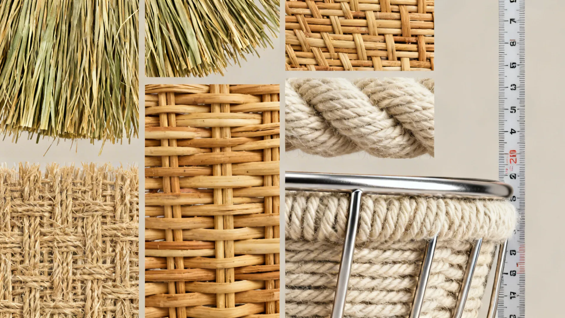 Material swatches of seagrass, rattan, cotton and a measuring tape showing basket scale tips.