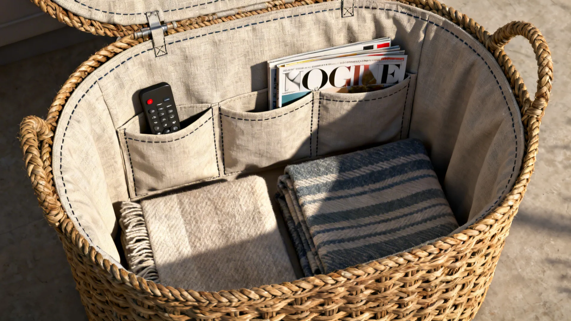 Top-down view of an extra-large woven basket with a removable liner and pockets organizing remotes, magazines and blankets.