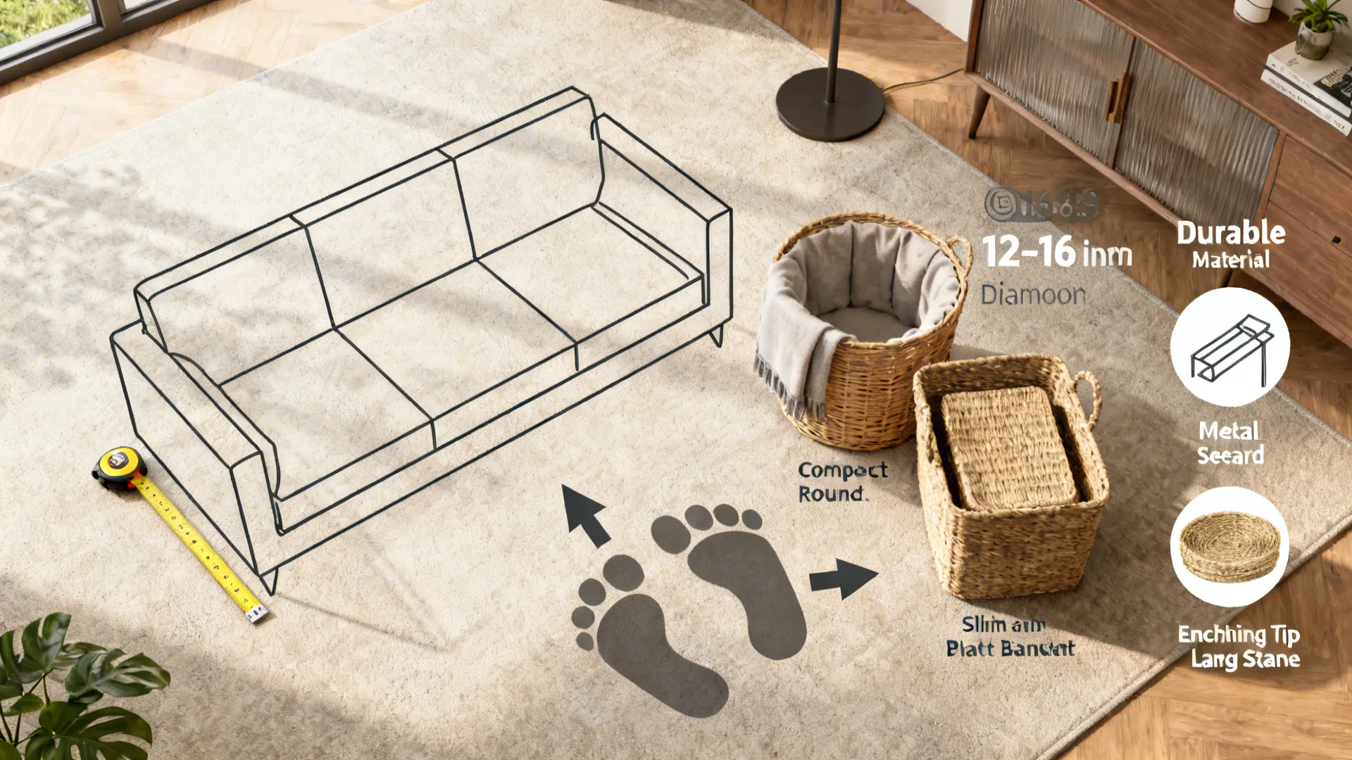 Top-down guide for measuring and placing blanket baskets beside sofas with size recommendations.