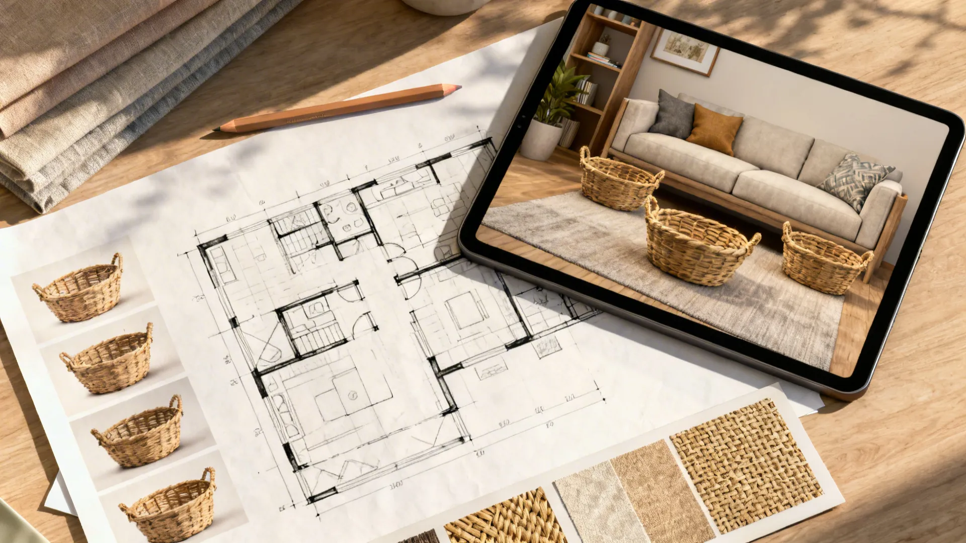 Top-down view of a sketch and 3D floor planner showing basket arrangement ideas for a living room.