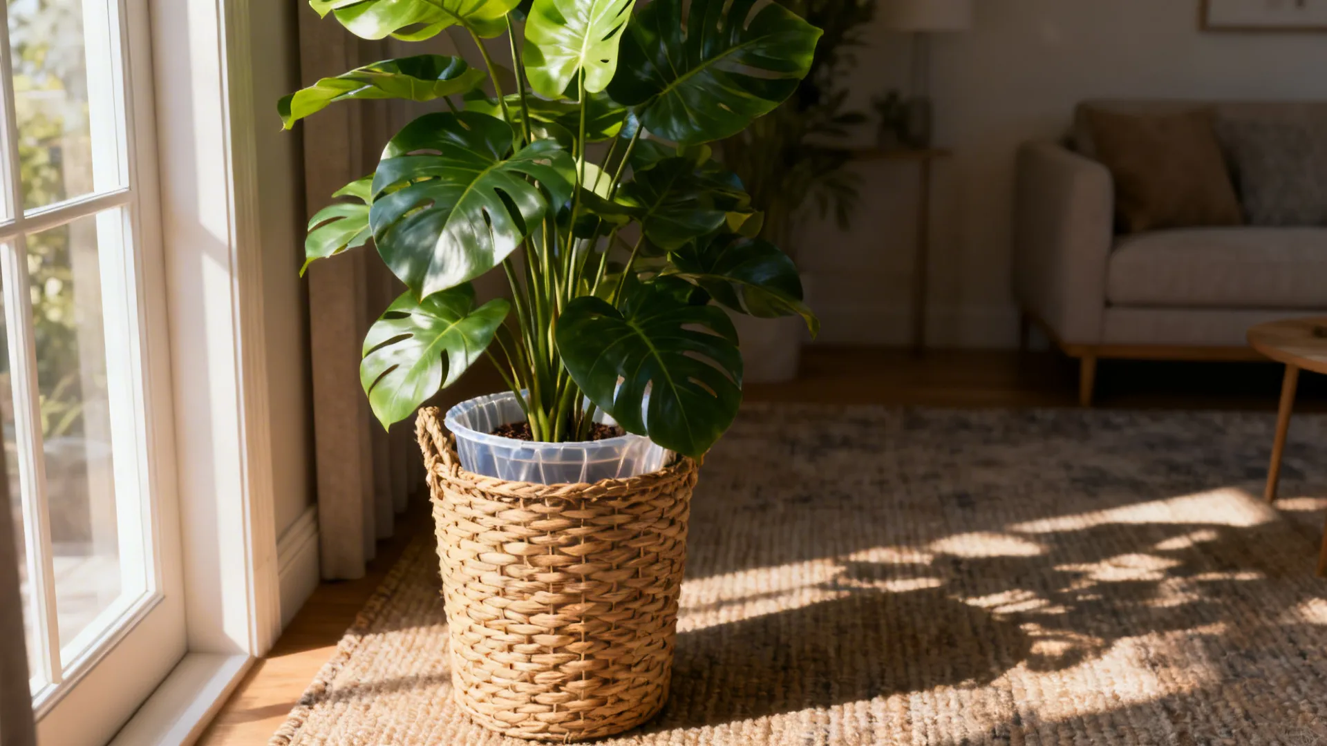 Tall woven basket containing a statement houseplant with a protective liner in a cozy living room corner.