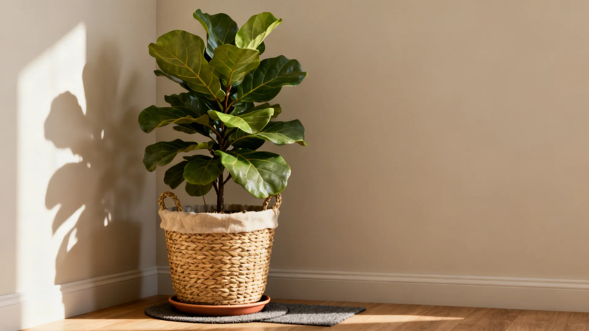 Large green leafy plant in a woven basket planter placed in a sunny room corner