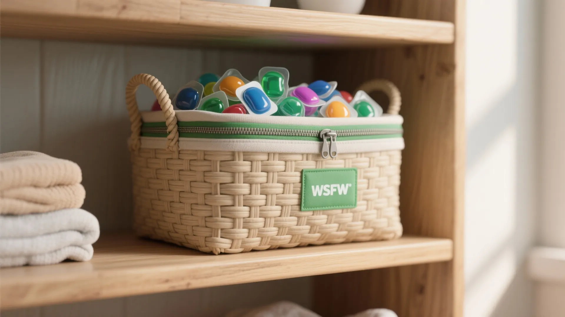 Decorative woven basket lined with a waterproof pouch holding laundry pods on a shelf.