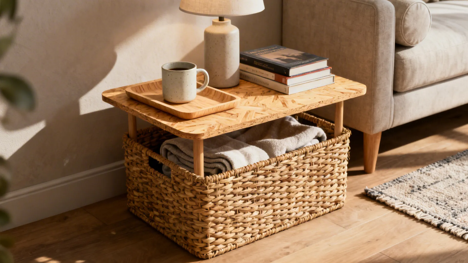Flat-topped woven basket used as a side table holding a tray, lamp and coffee mug beside a sofa.