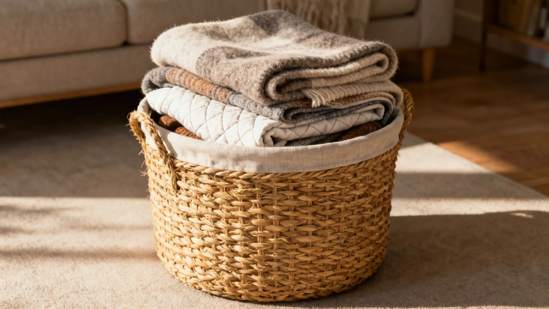 Stacked woven and fabric baskets holding textured folded throws near a sofa.