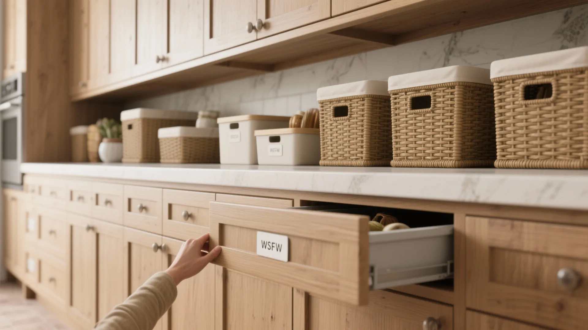 3. Practical baskets and labeled bins to maximize storage