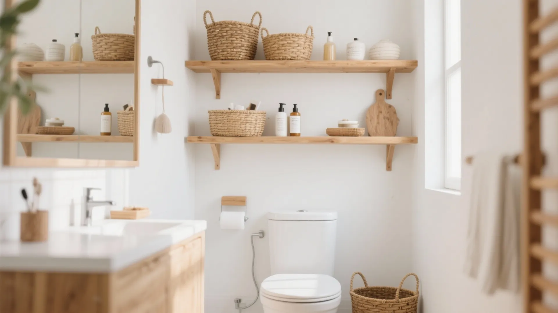 Bright bathroom with wooden shelves holding woven baskets toilet white vanity and light wood cabinet design