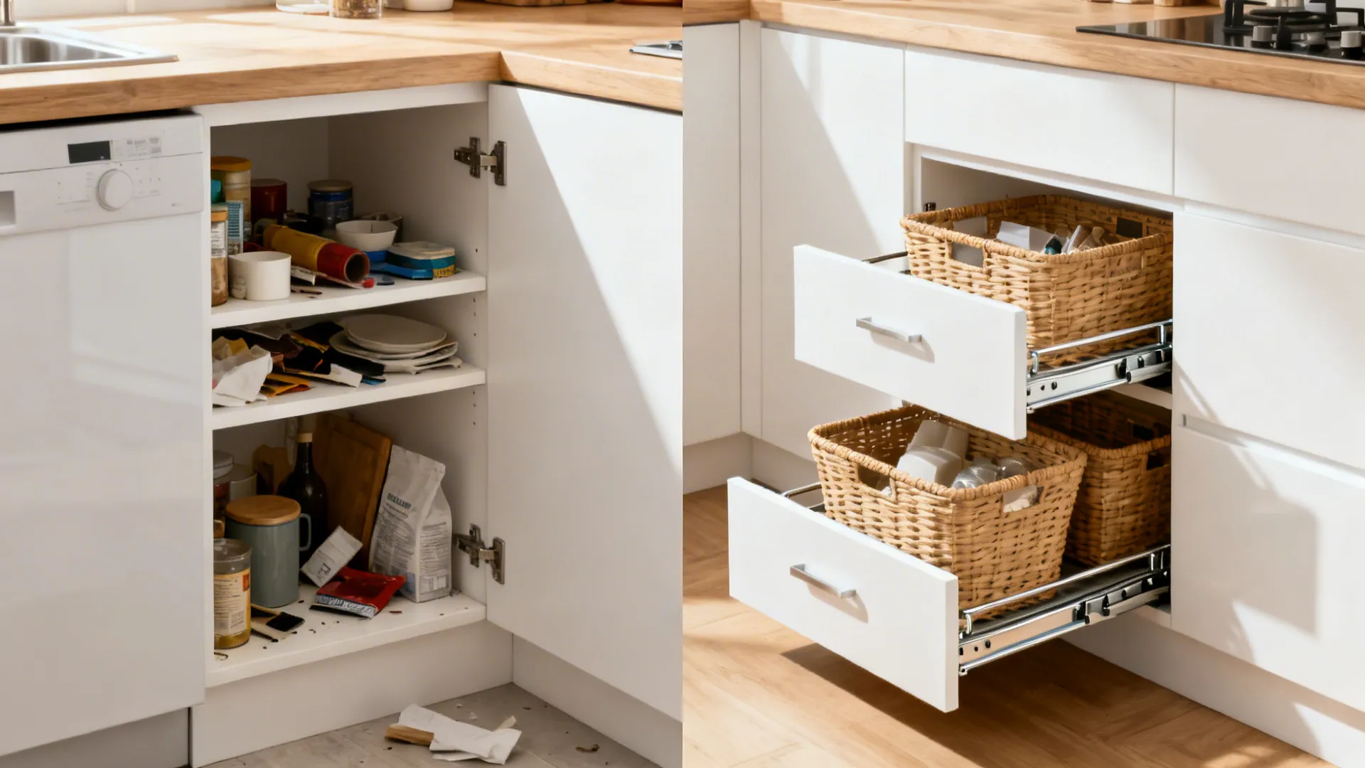 Before-and-after comparison of messy kitchen cabinet shelves versus organized pull-out drawers with woven storage baskets