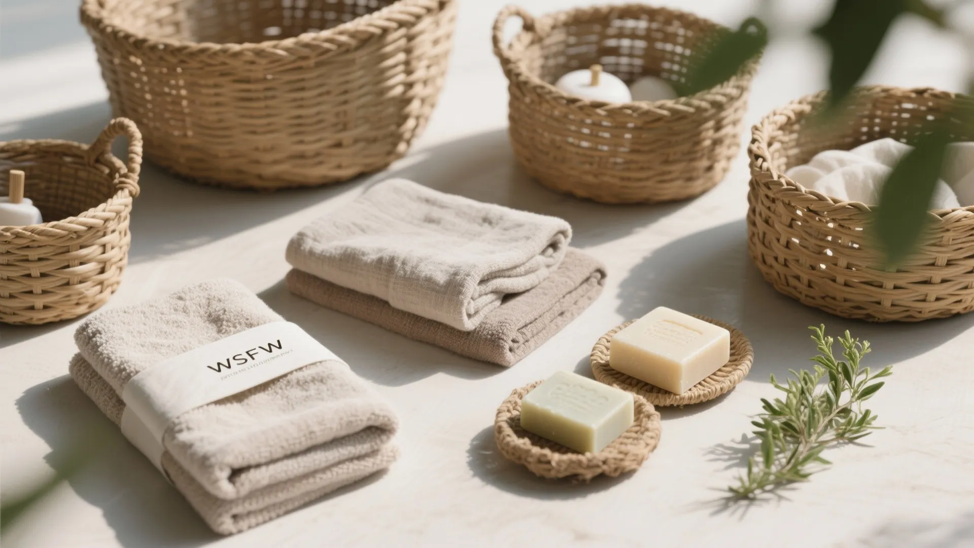 Woven storage baskets beside folded cotton towels and hand soap bars on a bright countertop