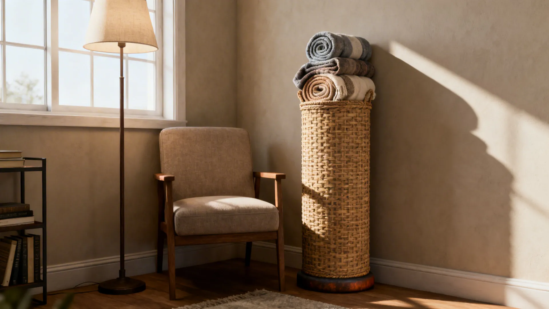 Cozy reading nook with a tall cylindrical woven basket holding rolled blankets beside an armchair.