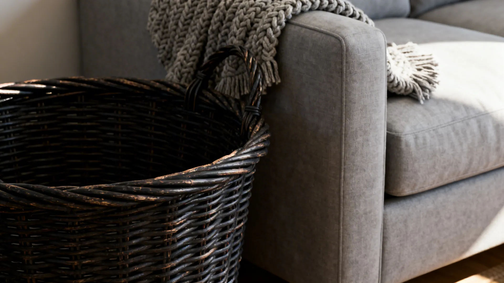 Close-up of dark rattan basket texture beside a light-gray sofa and chunky knit throw.