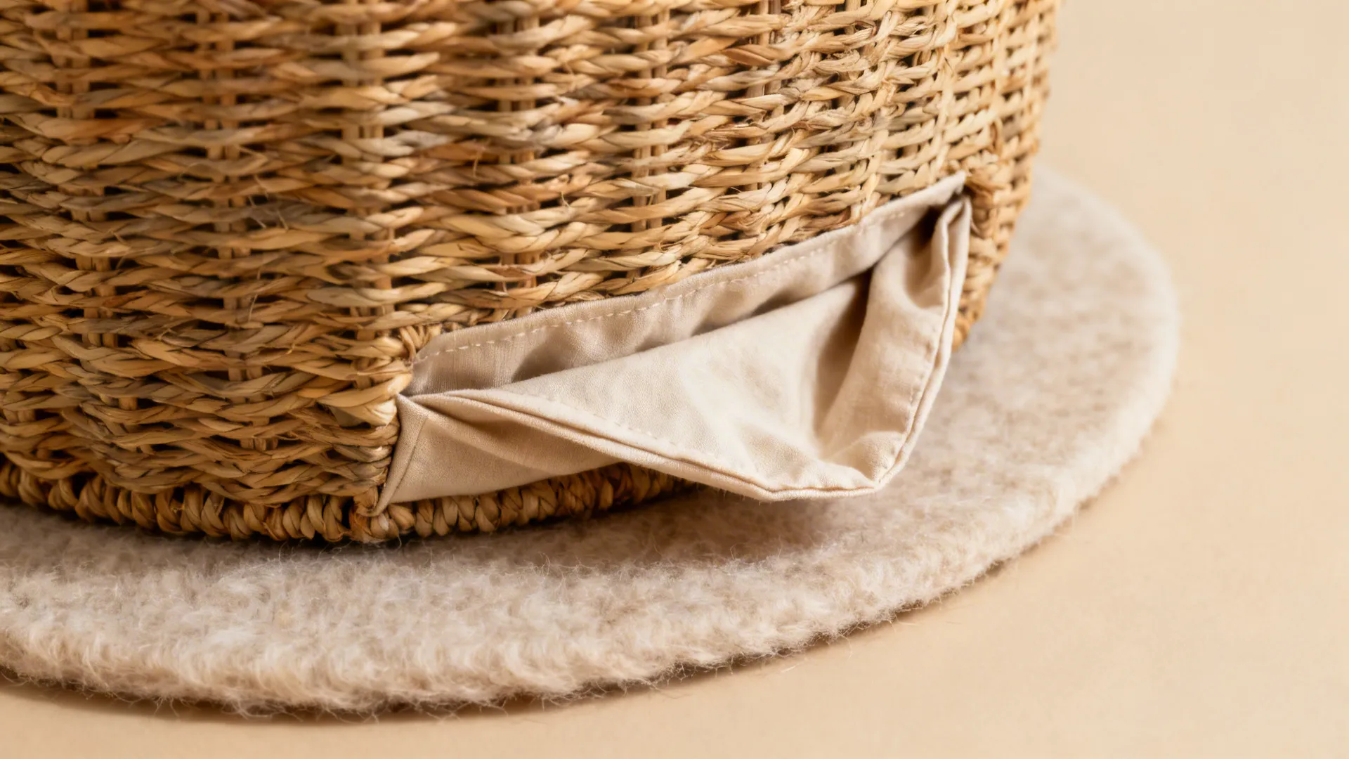 Close-up of basket weave, felt pads, and removable liner showing protective and practical details.