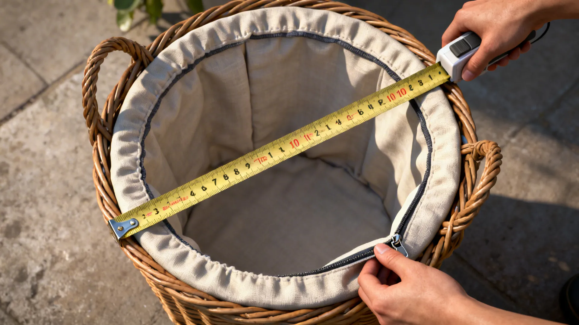 Measuring tape across a basket opening and a removable liner being unzipped to show washable care.