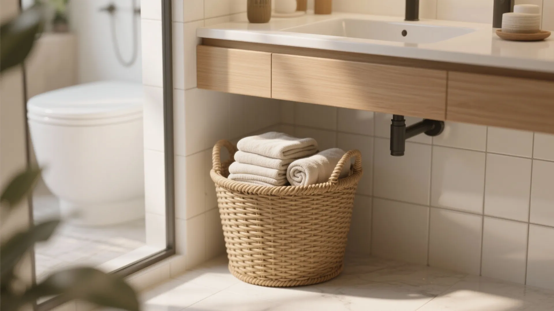 Woven storage basket with folded white towels placed under a wooden bathroom sink cabinet area
