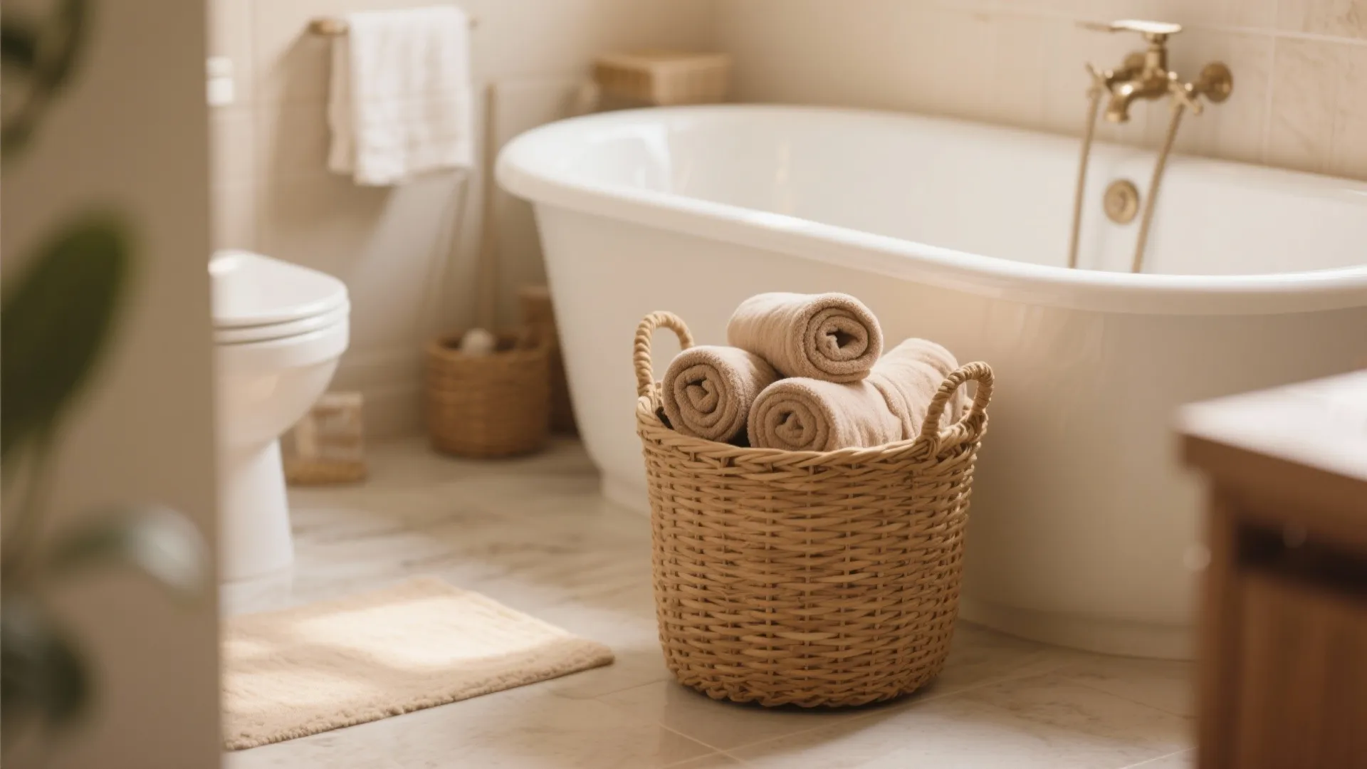 Woven basket filled with rolled beige towels placed on bathroom floor near white bathtub and