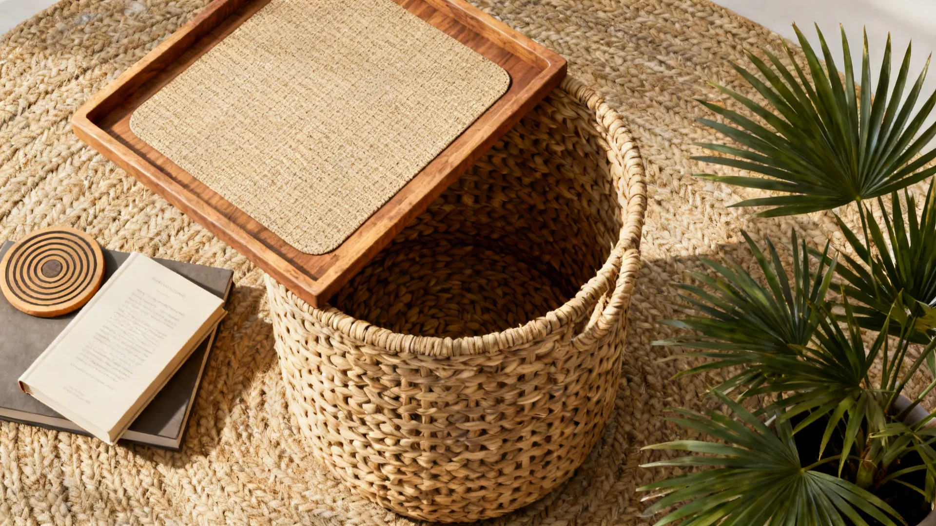 Round woven basket with wooden tray lid placed on a textured rug with green plant