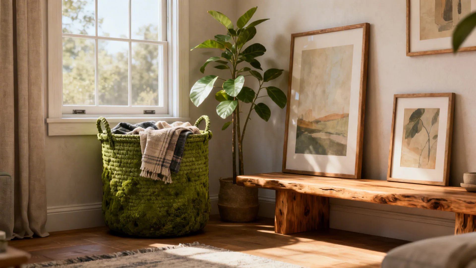 Layered styling vignette with a moss-green oversized basket under a window next to a low console and plant.