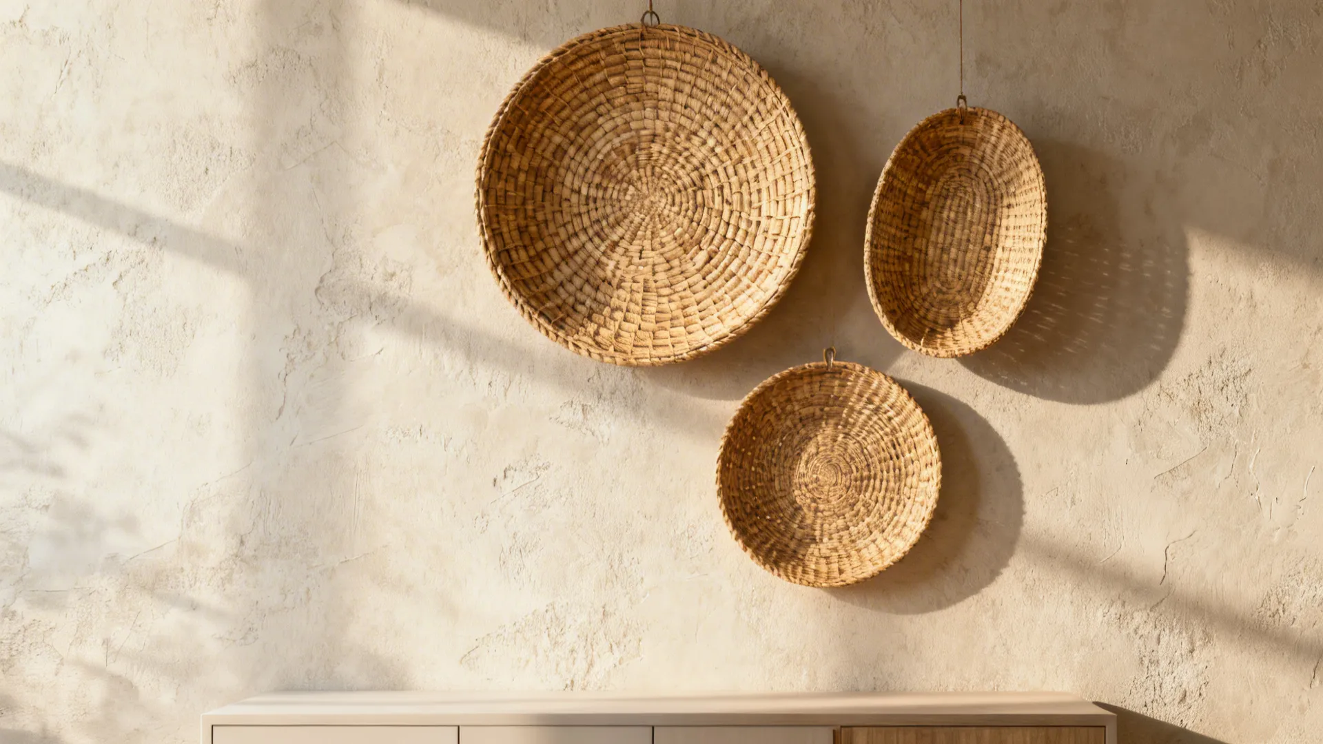 Three round woven baskets hanging on a textured beige wall above a simple wooden cabinet