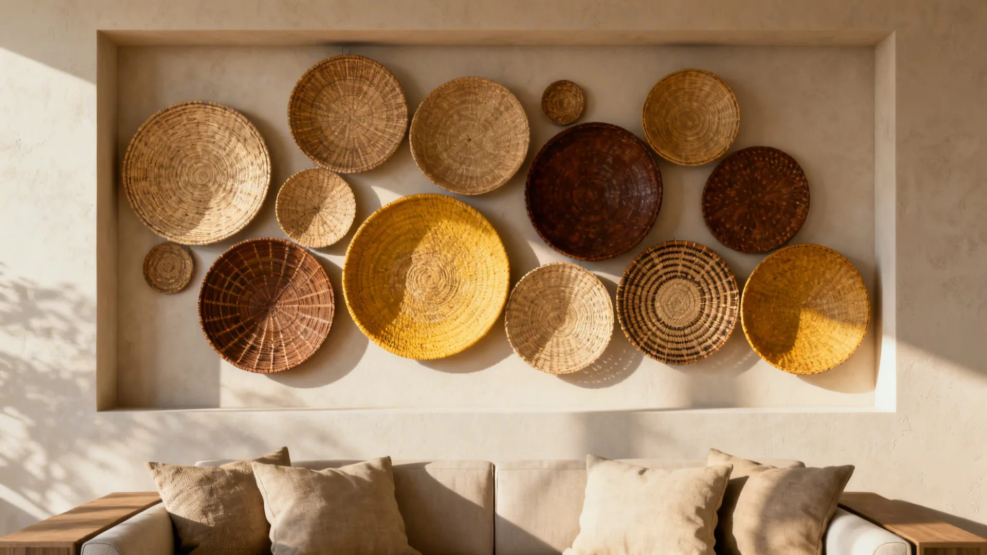 Flat woven basket gallery mounted above a neutral sofa creating a warm focal wall.