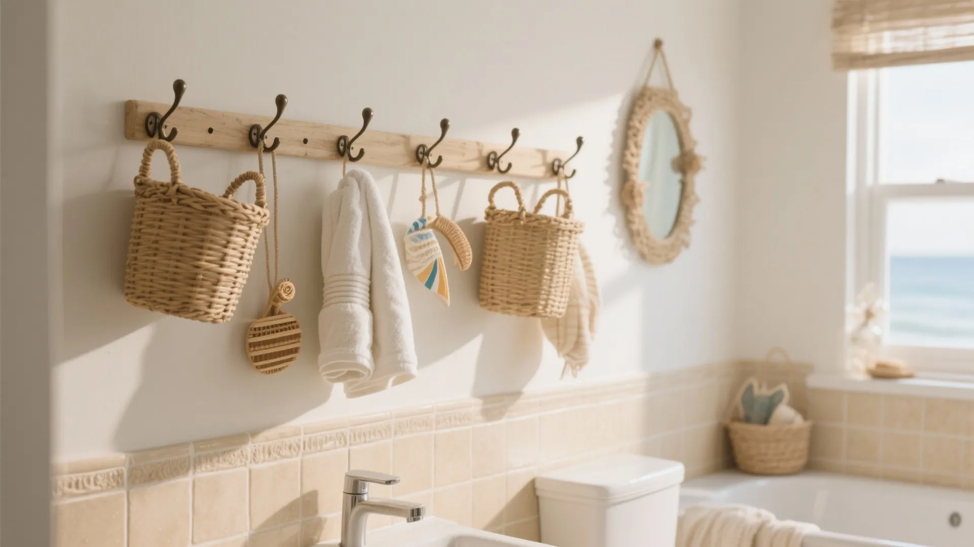 Coastal bathroom featuring wooden wall hooks with hanging baskets white towels and a round mirror
