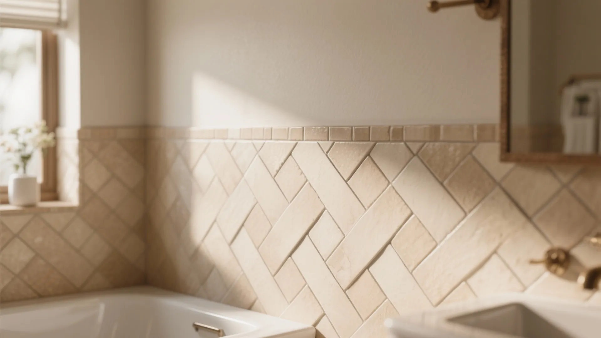 Bathroom interior featuring beige woven pattern wall tiles with white bathtub and natural sunlight effect