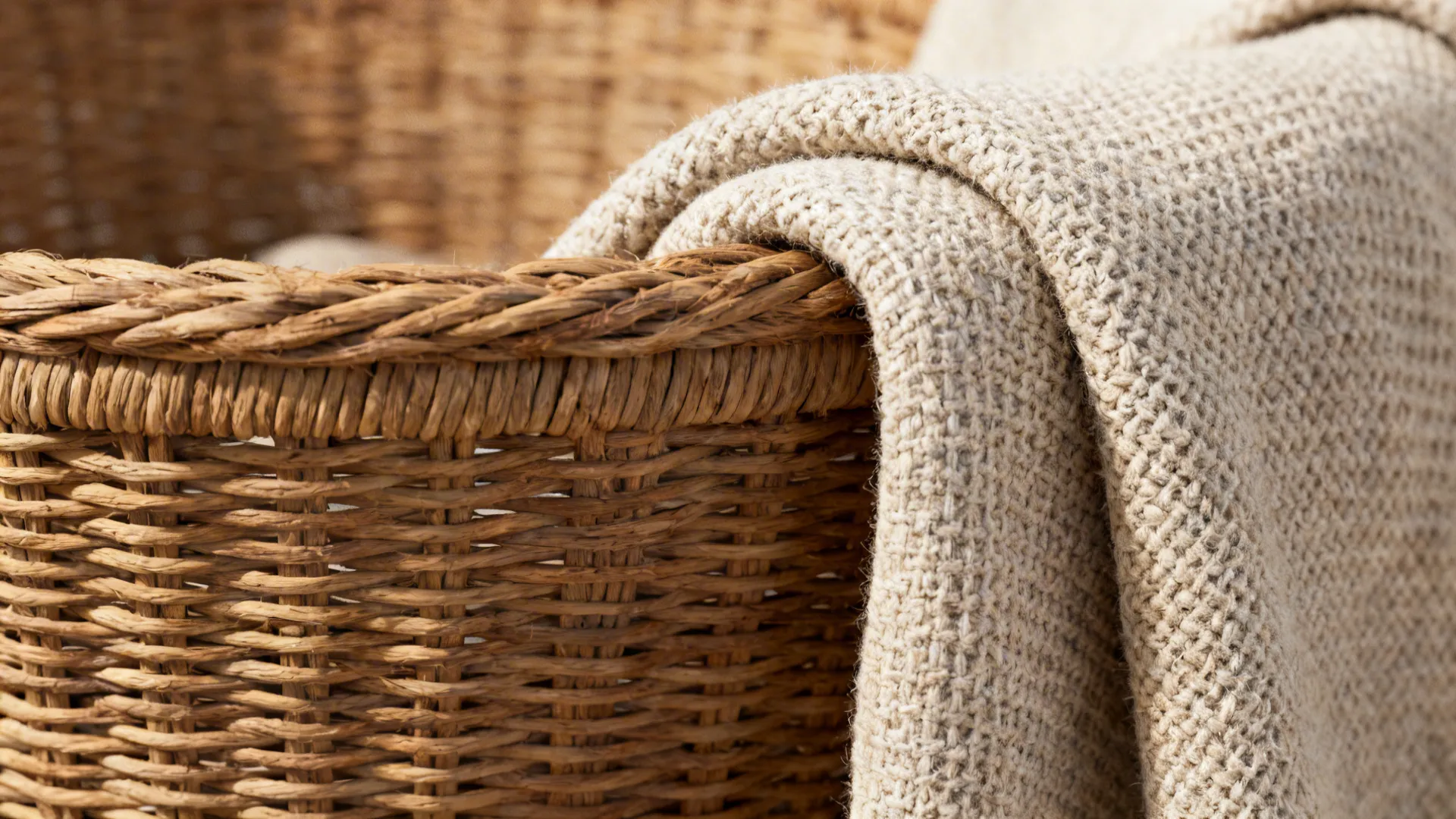 Close-up of woven basket texture and breathable throw fabric showing detailed weave.