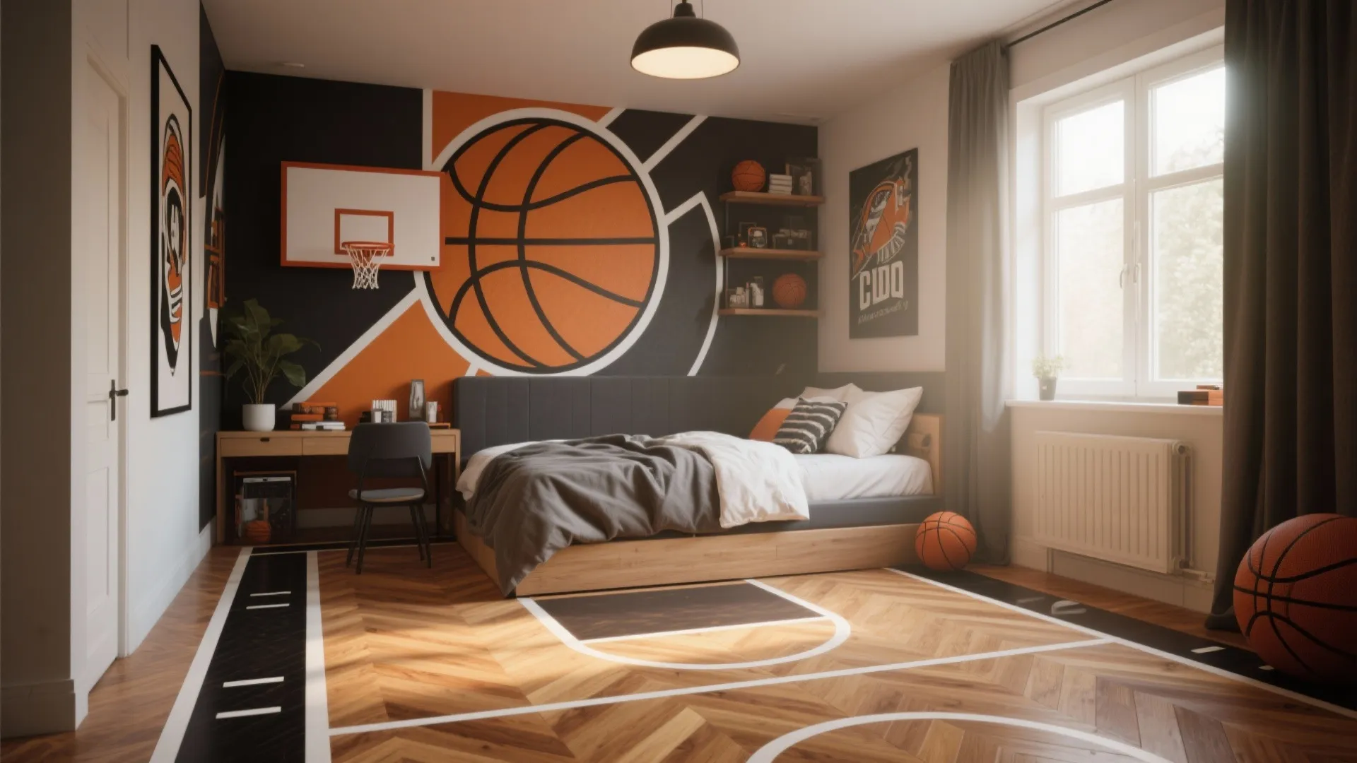 Basketball themed boy bedroom with orange wall art hoop wood floor and cozy grey bed