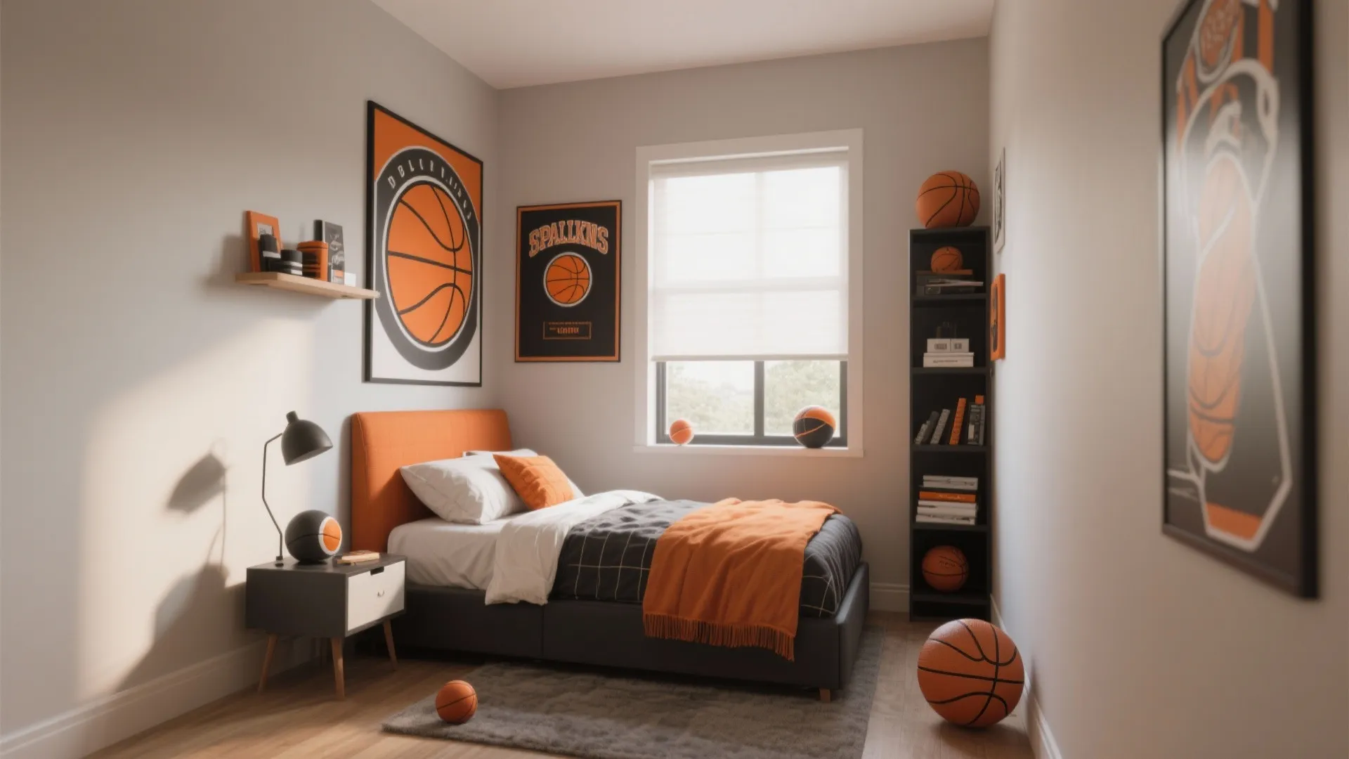 Modern small bedroom featuring basketball themed posters orange bed decorations and a tall black bookshelf