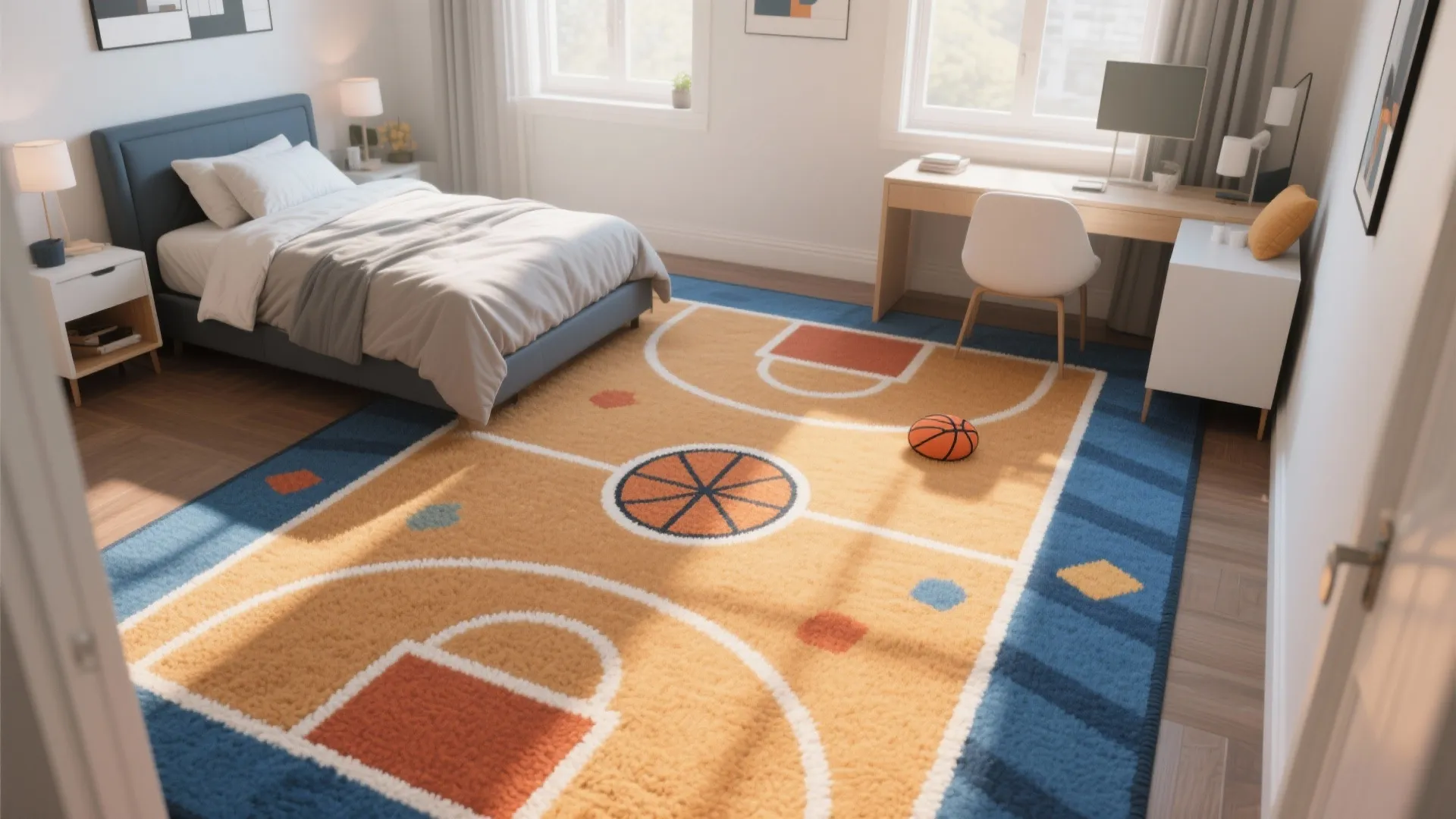 Bedroom interior featuring a large orange and blue basketball court rug with a small basketball