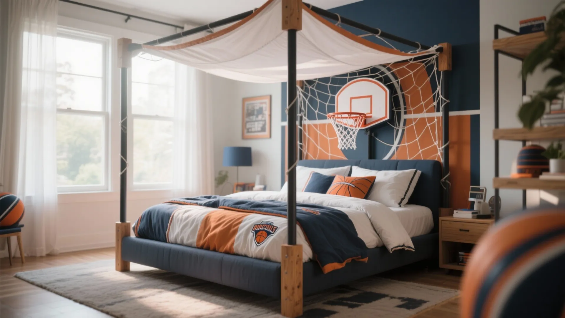 Themed bedroom featuring a basketball hoop headboard with orange and blue bedding and white curtains