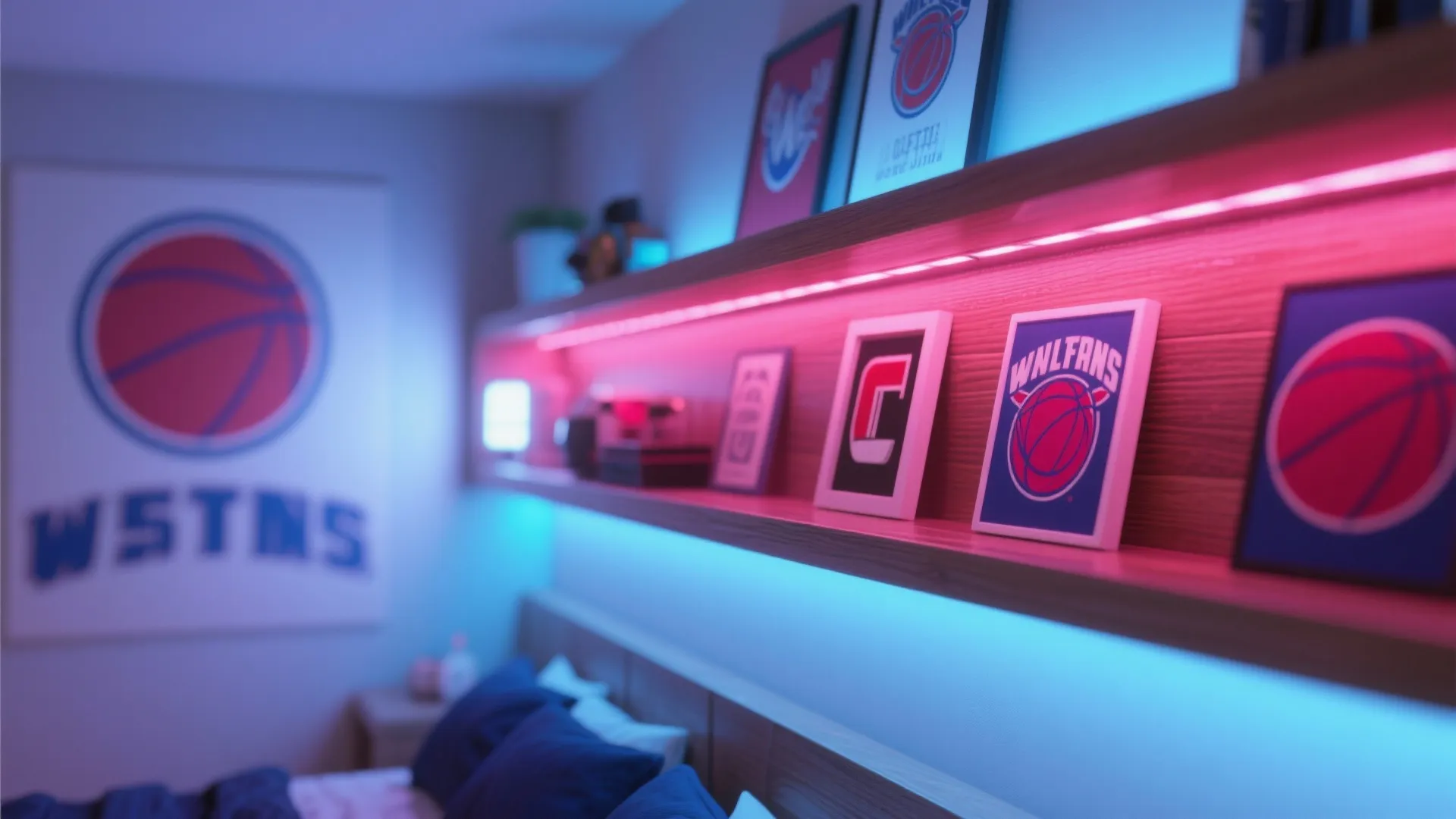 Pink and blue light strips under wooden shelf displaying small framed sports pictures in bedroom