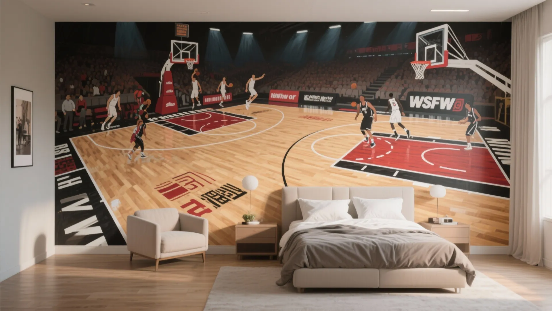 Modern bedroom with large basketball court wall mural behind a bed and white armchair furniture