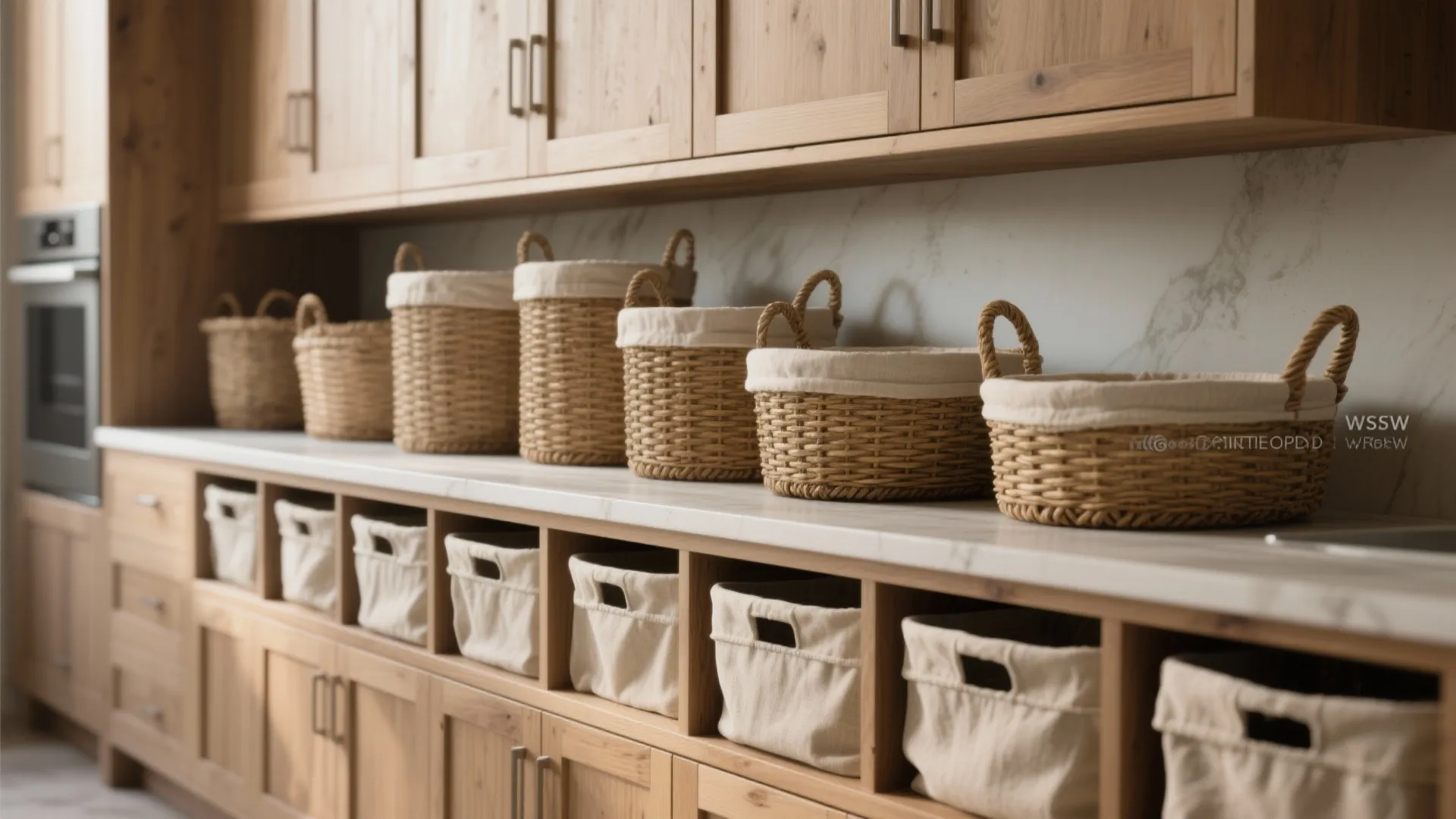 1. Grouped decorative baskets for tidy storage