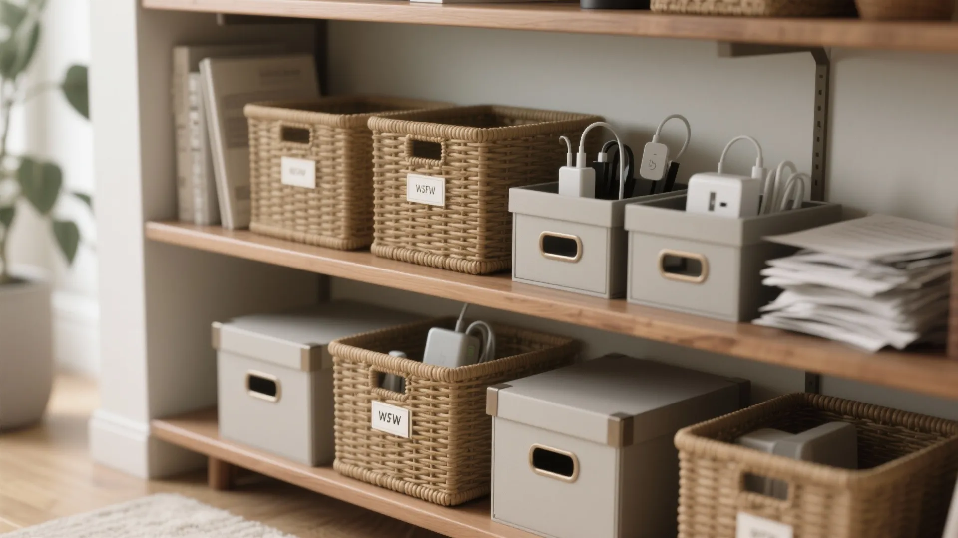 Wooden storage shelves with woven baskets and grey boxes containing various cables and power plugs