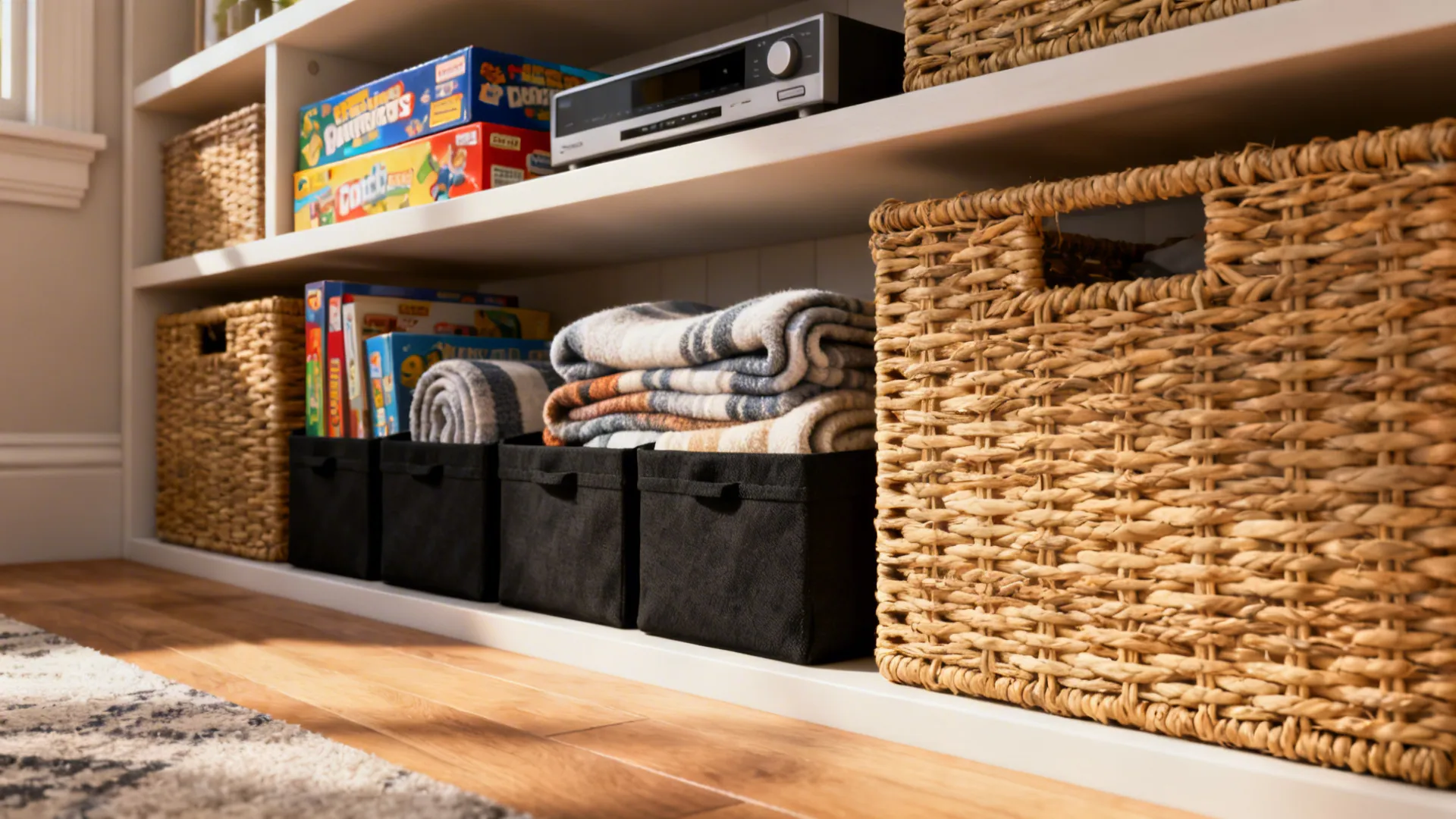 Lower shelves with woven baskets and slim fabric bins concealing clutter.