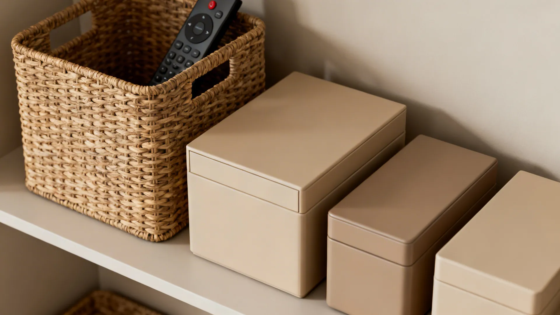Woven storage basket with a remote control next to three beige boxes on a white shelf