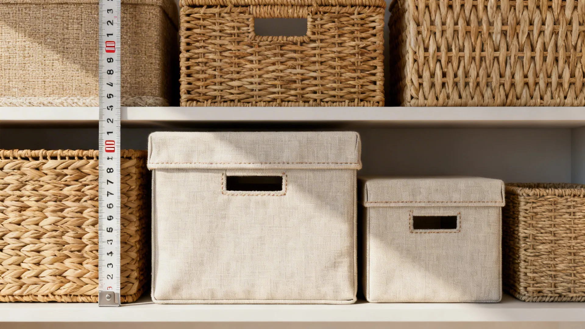 Flatlay of woven baskets and fabric boxes with a tape measure showing shelf depth.