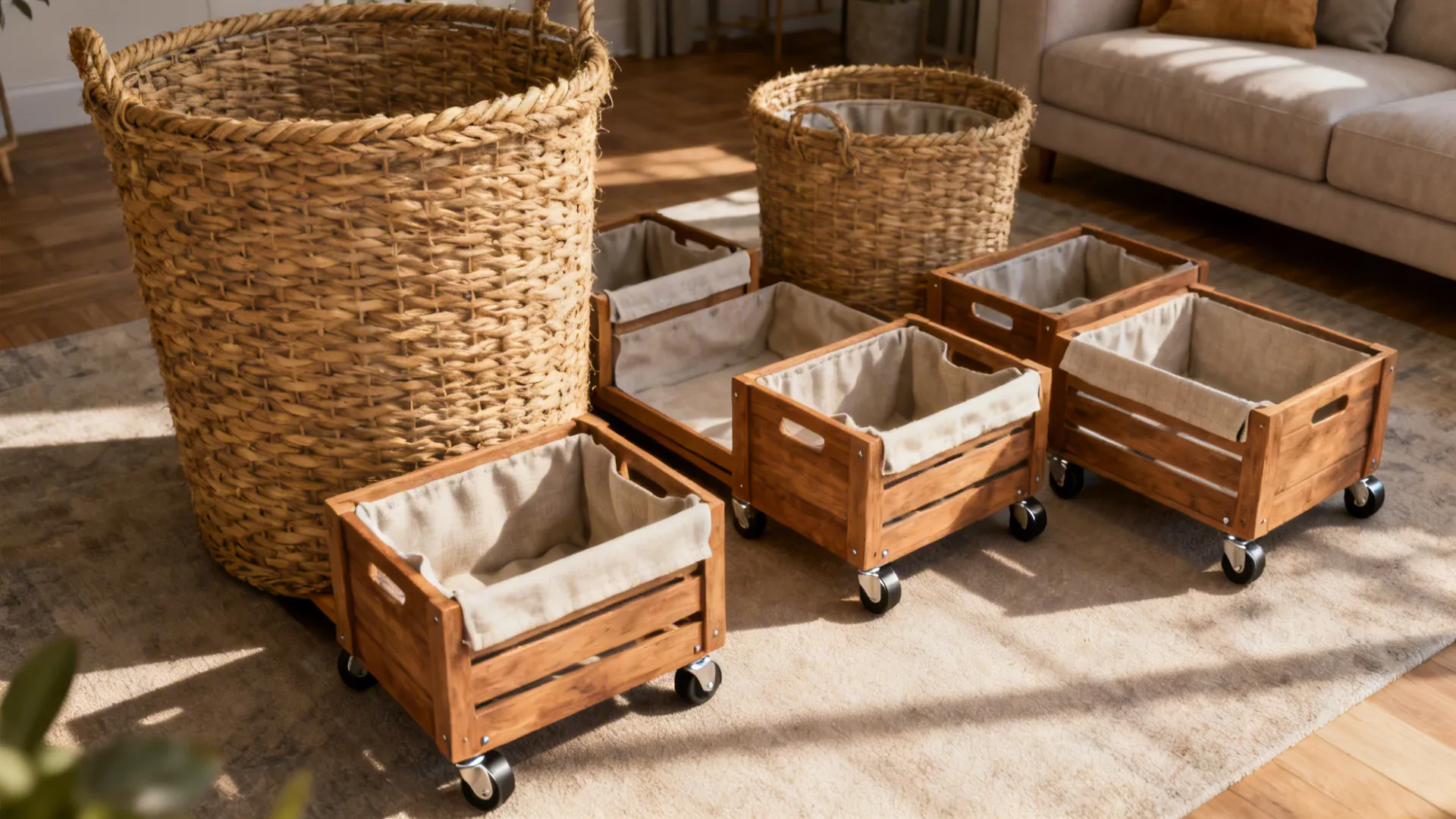 Oversized woven baskets and wooden rolling crates with casters and fabric liners on living room floor.