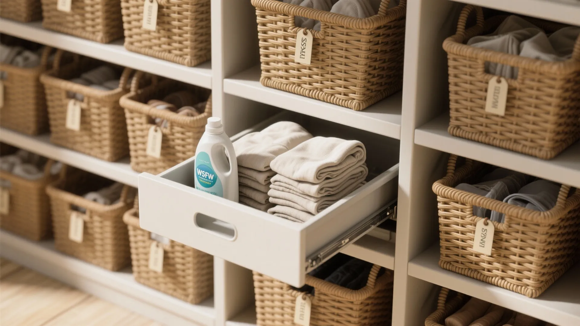 Baskets, labels, and sliding trays for practical access