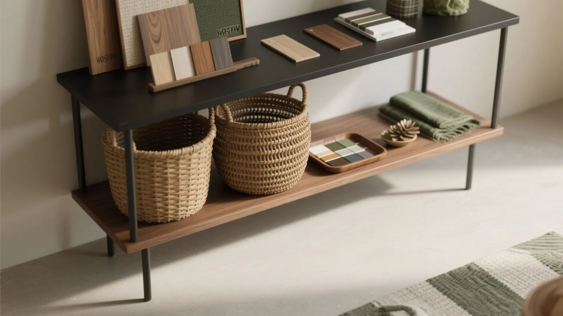 2. Two-Tier Console with Baskets — Storage Without Bulk