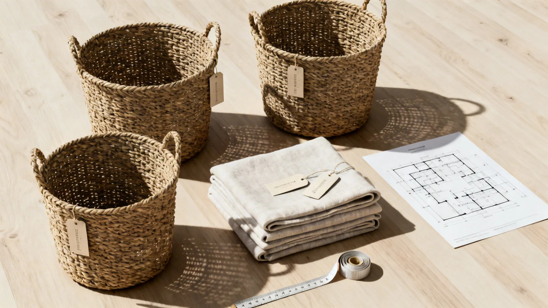 Top-down view of matching woven baskets, folded linens, labels and a layout printout for planning a small laundry.