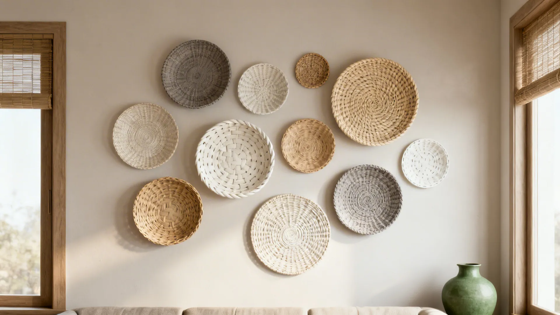 Curated gallery of woven baskets in varying sizes and neutral tones on a living room wall.