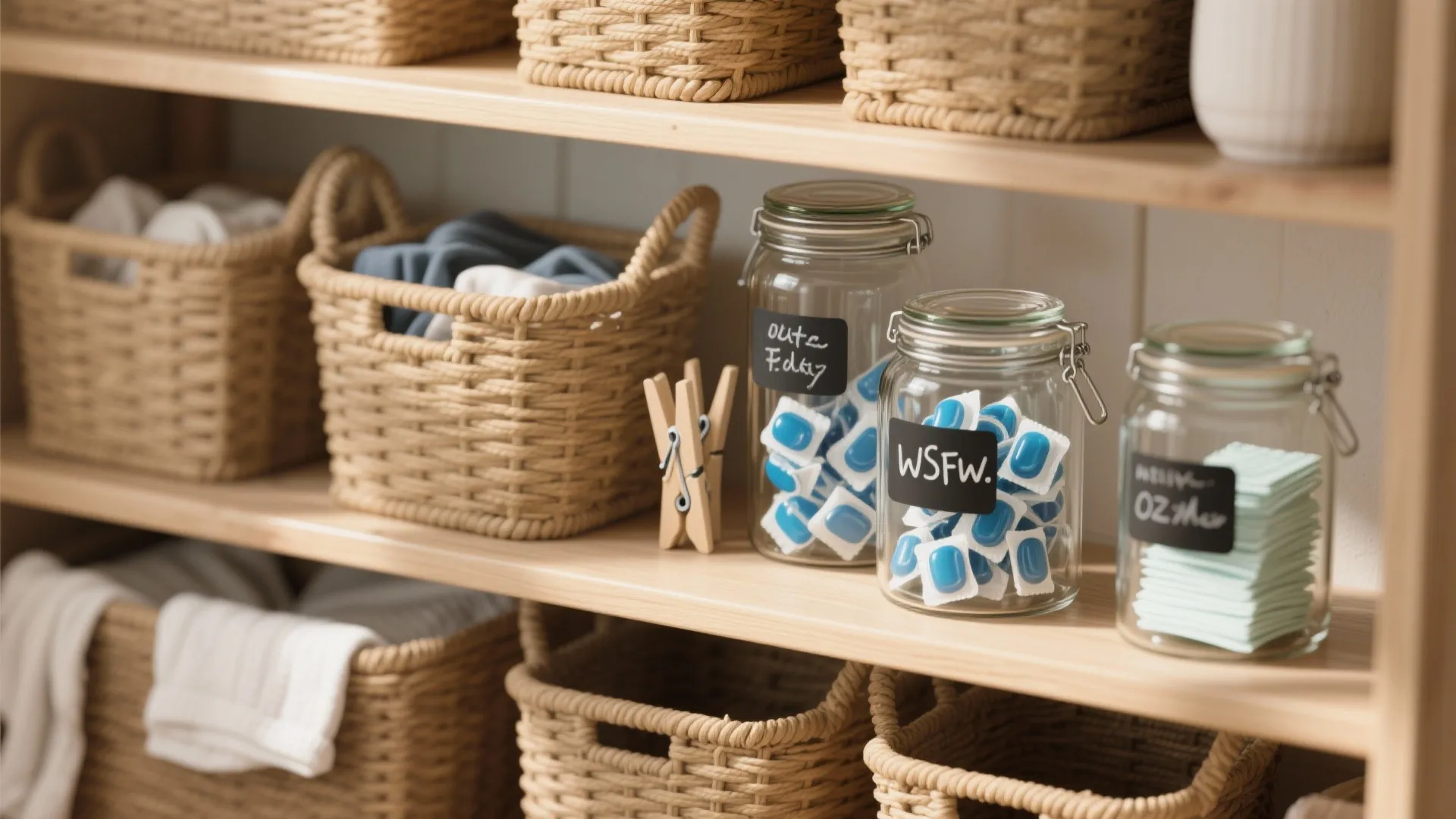 Organized laundry room wooden shelves with woven storage baskets glass jars with pods and towels