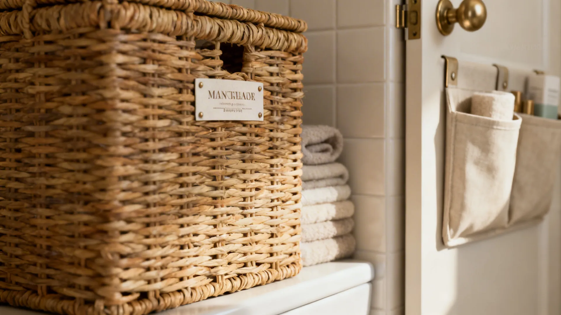 Woven baskets and over-the-door pockets with labels showing budget styling tips for small bathrooms